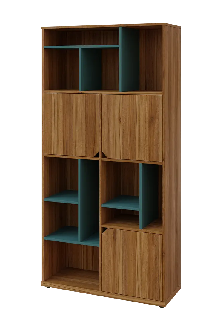 KU6-10DN L skříň vysoká 3-dvéřová, niky, 2053x1022x400 mm, provedení levé, korpus a dvířka ořech světlý/police světle petrolejová