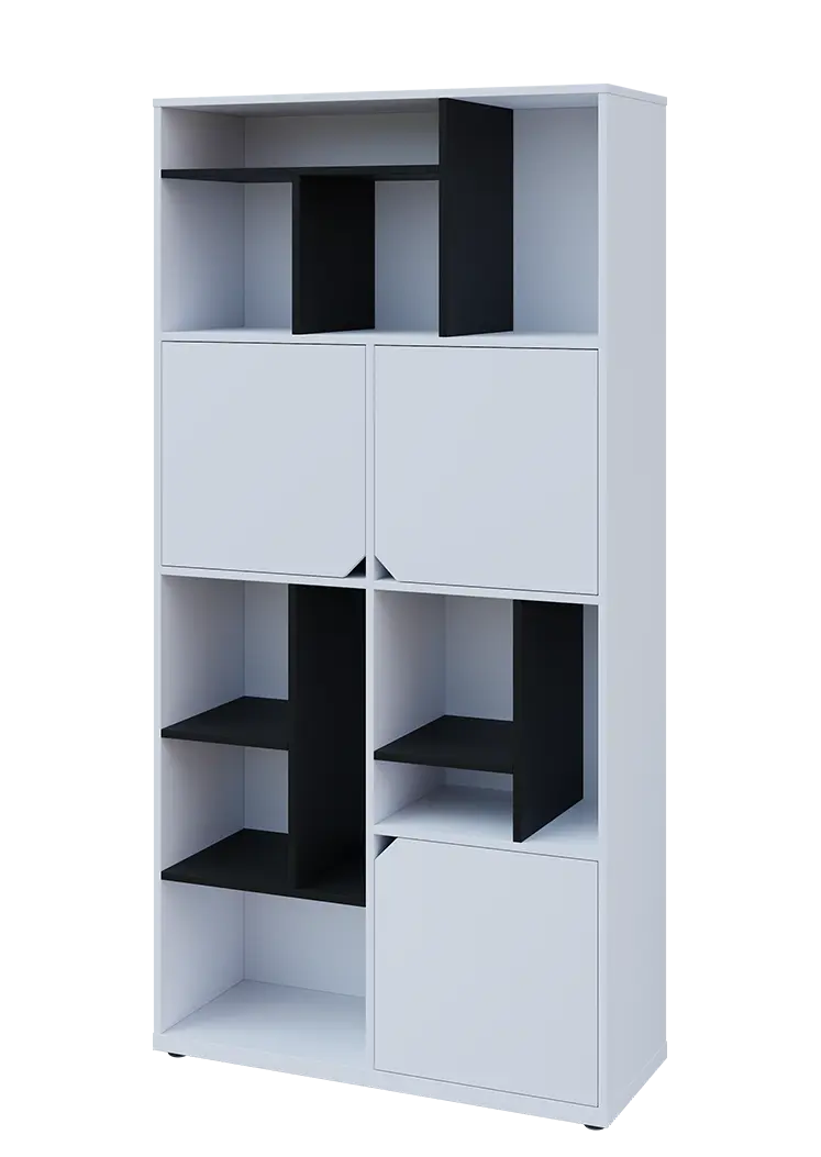 KU6-10DN L skříň vysoká 3-dvéřová, niky, 2053x1022x400 mm, provedení levé, korpus a dvířka bílá sněžná/police černá