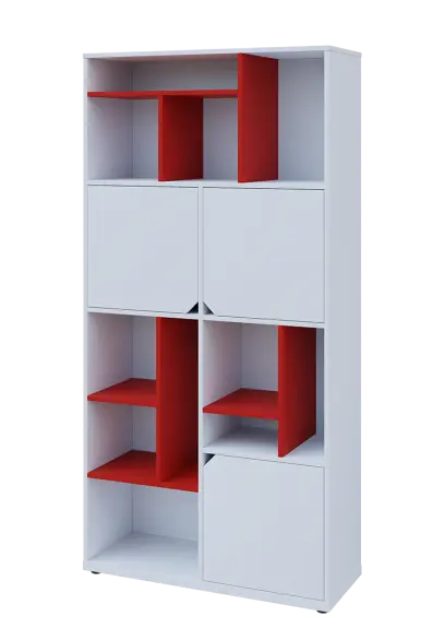 KU6-10DN L skříň vysoká 3-dvéřová, niky, 2053x1022x400 mm, provedení levé, korpus a dvířka bílá sněžná/police červená