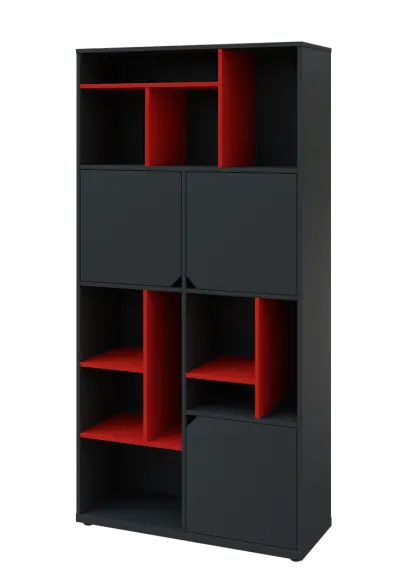 KU6-10DN L skříň vysoká 3-dvéřová, niky, 2053x1022x400 mm, provedení levé, korpus a dvířka antracit/police červená