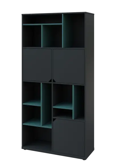 KU6-10DN L skříň vysoká 3-dvéřová, niky, 2053x1022x400 mm, provedení levé, korpus a dvířka antracit/police světle petrolejová