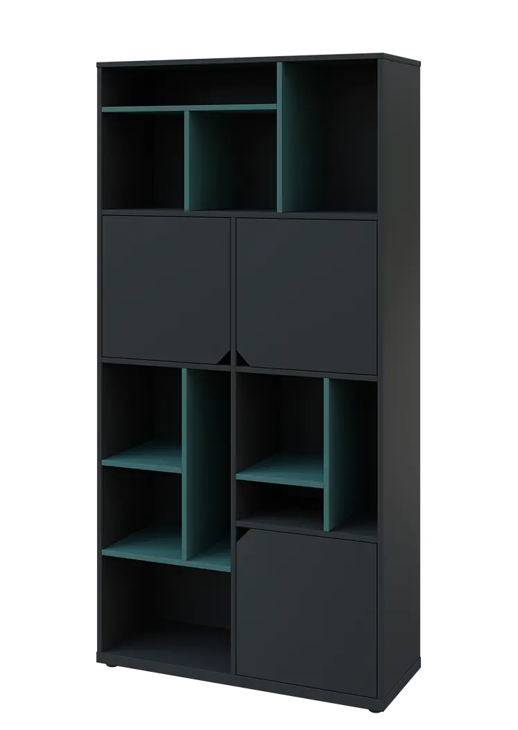 KU6-10DN L skříň vysoká 3-dvéřová, niky, 2053x1022x400 mm, provedení levé, korpus a dvířka antracit/police světle petrolejová