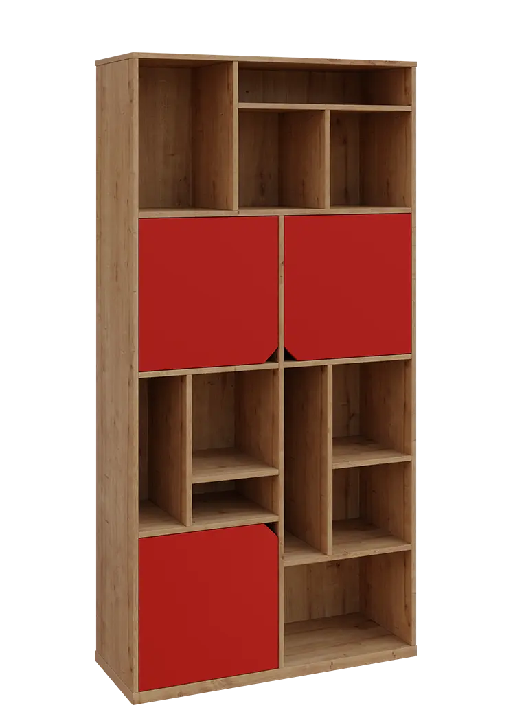 KU6-10DN P skříň vysoká 3-dvéřová, niky, 2053x1022x400 mm, provedení pravé, dub lite/červená