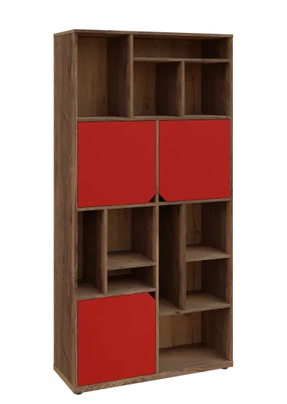 KU6-10DN P skříň vysoká 3-dvéřová, niky, 2053x1022x400 mm, provedení pravé, dub halifax cínový/červená