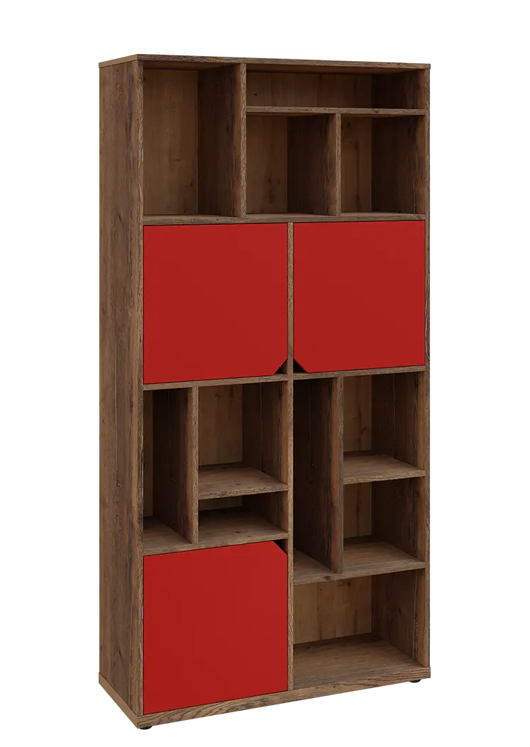 KU6-10DN P skříň vysoká 3-dvéřová, niky, 2053x1022x400 mm, provedení pravé, dub halifax cínový/červená