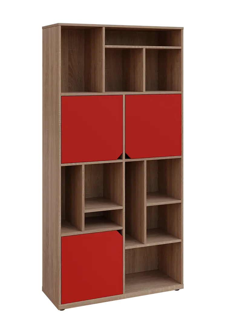 KU6-10DN P skříň vysoká 3-dvéřová, niky, 2053x1022x400 mm, provedení pravé, dub bardolino/červená