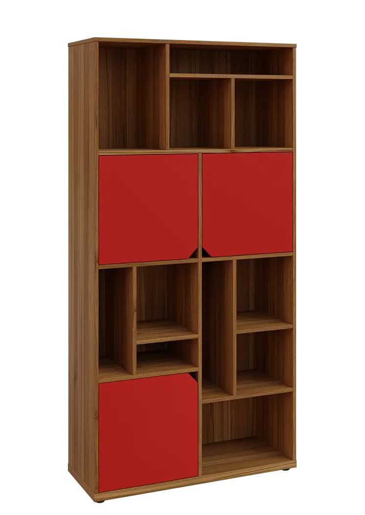 KU6-10DN P skříň vysoká 3-dvéřová, niky, 2053x1022x400 mm, provedení pravé, ořech světlý/červená