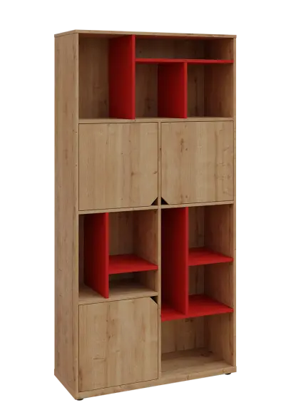 KU6-10DN P skříň vysoká 3-dvéřová, niky, 2053x1022x400 mm, provedení pravé, korpus a dvířka dub lite/police červená