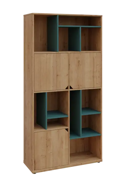 KU6-10DN P skříň vysoká 3-dvéřová, niky, 2053x1022x400 mm, provedení pravé, korpus a dvířka dub lite/police světle petrolejová