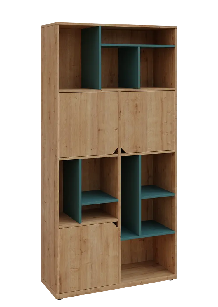 KU6-10DN P skříň vysoká 3-dvéřová, niky, 2053x1022x400 mm, provedení pravé, korpus a dvířka dub lite/police světle petrolejová