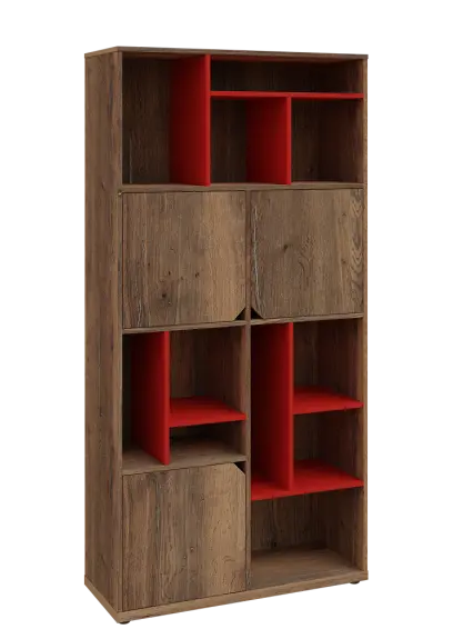 KU6-10DN P skříň vysoká 3-dvéřová, niky, 2053x1022x400 mm, provedení pravé, korpus a dvířka dub halifax cínový/police červená