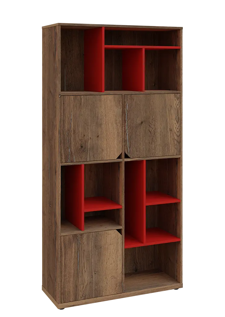 KU6-10DN P skříň vysoká 3-dvéřová, niky, 2053x1022x400 mm, provedení pravé, korpus a dvířka dub halifax cínový/police červená