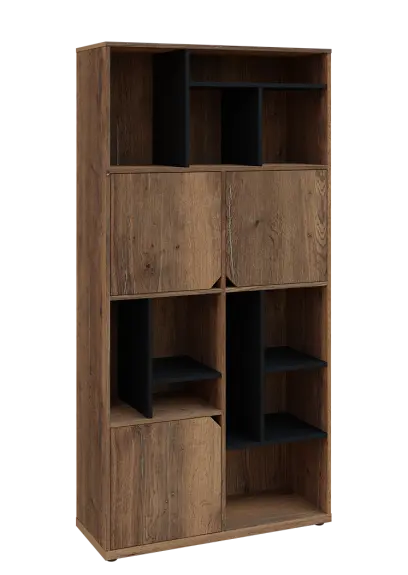 KU6-10DN P skříň vysoká 3-dvéřová, niky, 2053x1022x400 mm, provedení pravé, korpus a dvířka dub halifax cínový/police černá