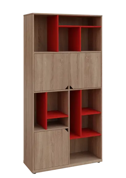 KU6-10DN P skříň vysoká 3-dvéřová, niky, 2053x1022x400 mm, provedení pravé, korpus a dvířka dub bardolino/police červená