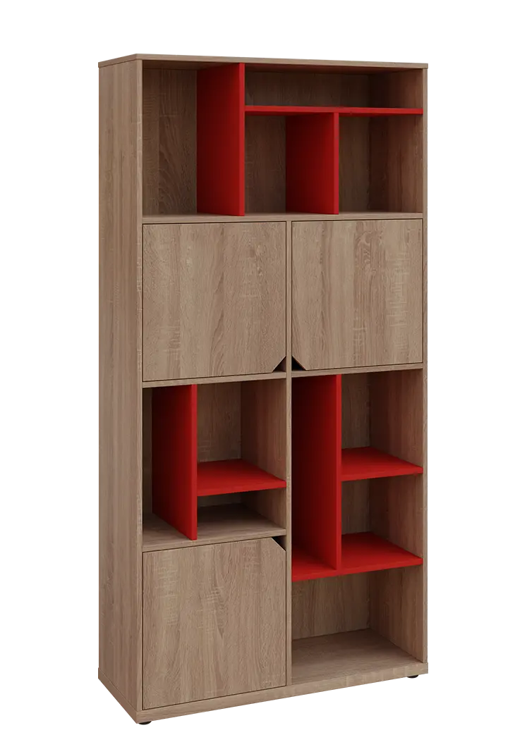 KU6-10DN P skříň vysoká 3-dvéřová, niky, 2053x1022x400 mm, provedení pravé, korpus a dvířka dub bardolino/police červená