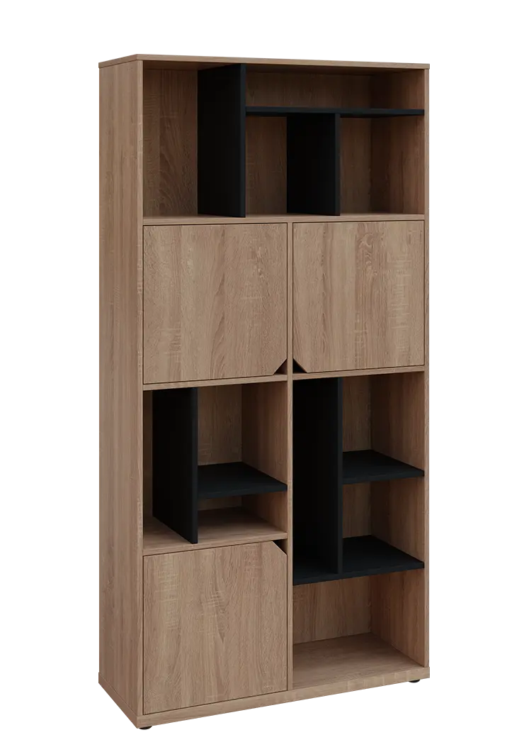 KU6-10DN P skříň vysoká 3-dvéřová, niky, 2053x1022x400 mm, provedení pravé, korpus a dvířka dub bardolino/police černá