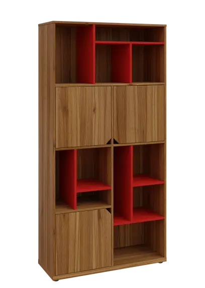 KU6-10DN P skříň vysoká 3-dvéřová, niky, 2053x1022x400 mm, provedení pravé, korpus a dvířka ořech světlý/police červená