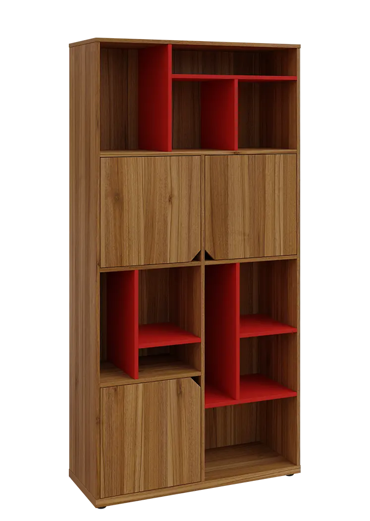 KU6-10DN P skříň vysoká 3-dvéřová, niky, 2053x1022x400 mm, provedení pravé, korpus a dvířka ořech světlý/police červená