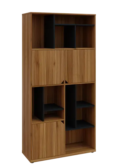 KU6-10DN P skříň vysoká 3-dvéřová, niky, 2053x1022x400 mm, provedení pravé, korpus a dvířka ořech světlý/police černá