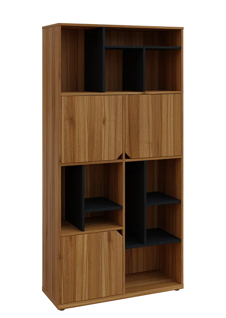 KU6-10DN P skříň vysoká 3-dvéřová, niky, 2053x1022x400 mm, provedení pravé, korpus a dvířka ořech světlý/police černá