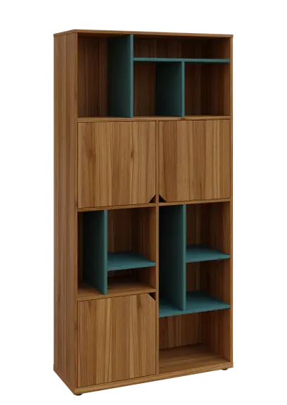 KU6-10DN P skříň vysoká 3-dvéřová, niky, 2053x1022x400 mm, provedení pravé, korpus a dvířka ořech světlý/police světle petrolejová