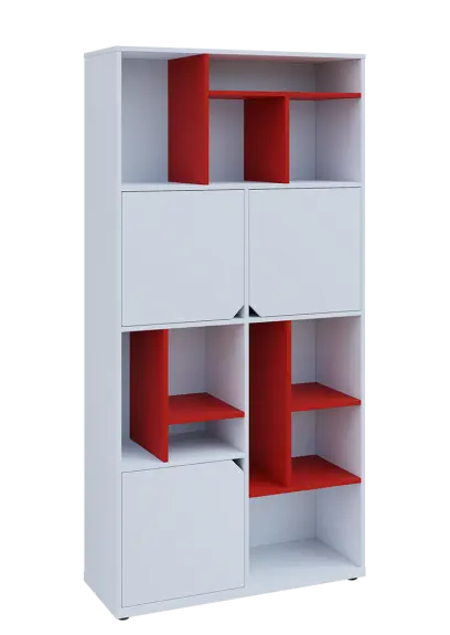 KU6-10DN P skříň vysoká 3-dvéřová, niky, 2053x1022x400 mm, provedení pravé, korpus a dvířka bílá sněžná/police červená