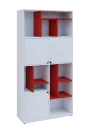 KU6-10DN P skříň vysoká 3-dvéřová, niky, 2053x1022x400 mm, provedení pravé, korpus a dvířka bílá sněžná/police červená