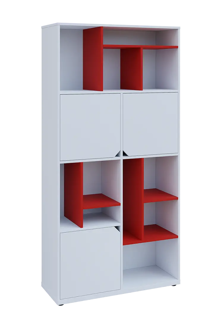 KU6-10DN P skříň vysoká 3-dvéřová, niky, 2053x1022x400 mm, provedení pravé, korpus a dvířka bílá sněžná/police červená