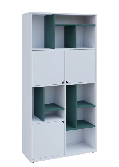 KU6-10DN P skříň vysoká 3-dvéřová, niky, 2053x1022x400 mm, provedení pravé, korpus a dvířka bílá sněžná/police světle petrolejová