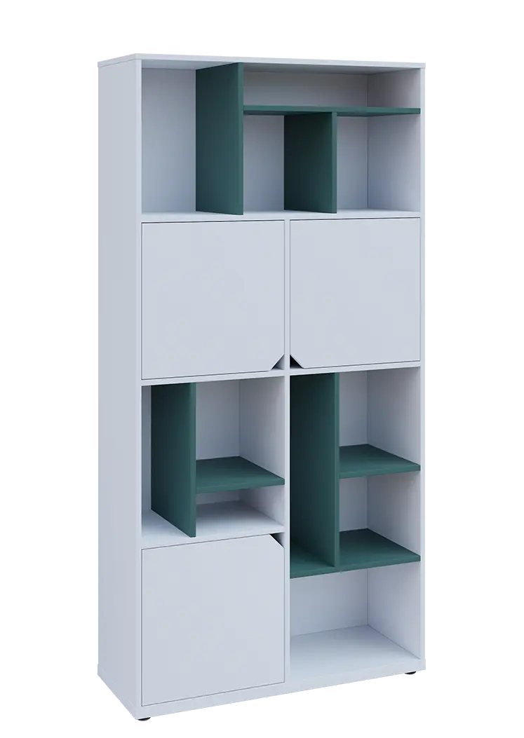 KU6-10DN P skříň vysoká 3-dvéřová, niky, 2053x1022x400 mm, provedení pravé, korpus a dvířka bílá sněžná/police světle petrolejová