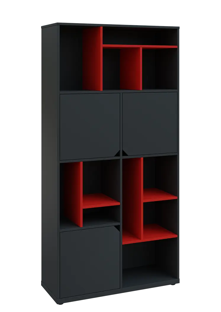 KU6-10DN P skříň vysoká 3-dvéřová, niky, 2053x1022x400 mm, provedení pravé, korpus a dvířka antracit/police červená