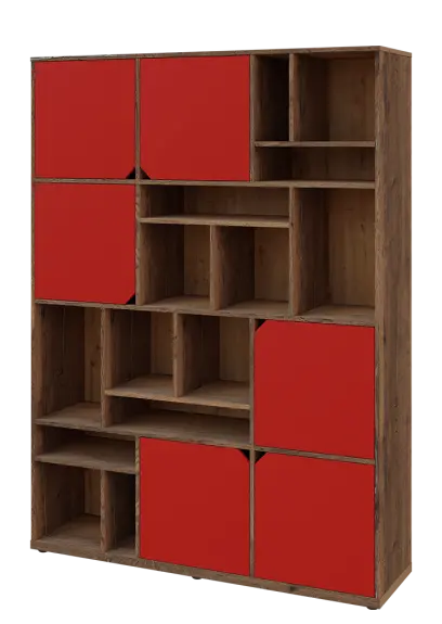 KU6-15DN L skříň vysoká 6-dvéřová, niky, 2053x1522x400 mm, provedení levé, dub halifax cínový/červená