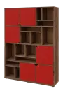 KU6-15DN L skříň vysoká 6-dvéřová, niky, 2053x1522x400 mm, provedení levé, dub halifax cínový/červená