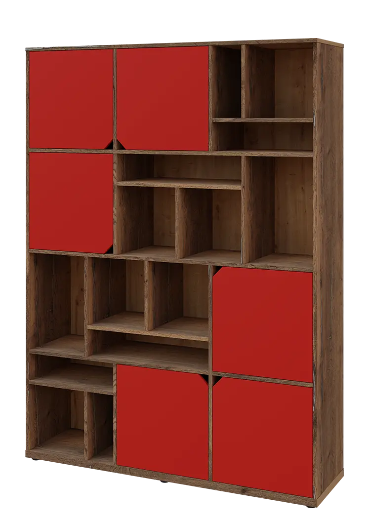 KU6-15DN L skříň vysoká 6-dvéřová, niky, 2053x1522x400 mm, provedení levé, dub halifax cínový/červená