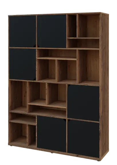 KU6-15DN L skříň vysoká 6-dvéřová, niky, 2053x1522x400 mm, provedení levé, dub halifax cínový/černá