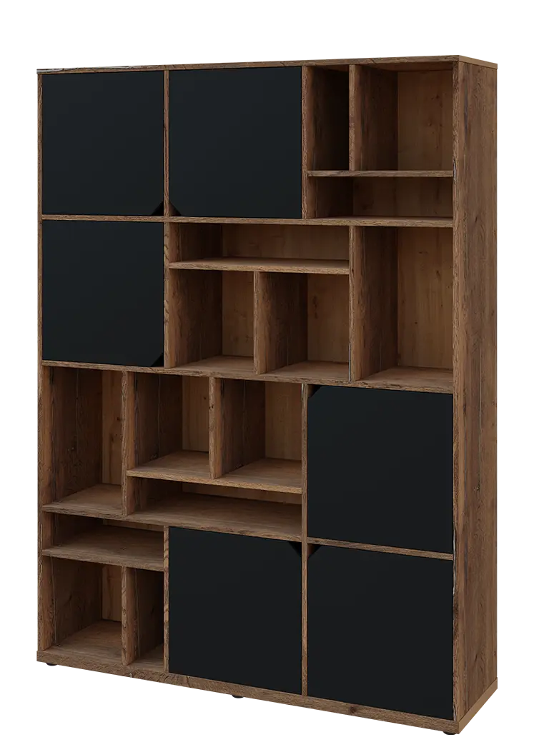 KU6-15DN L skříň vysoká 6-dvéřová, niky, 2053x1522x400 mm, provedení levé, dub halifax cínový/černá