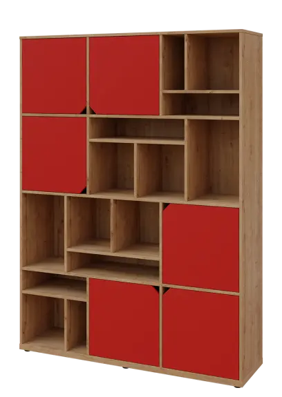 KU6-15DN L skříň vysoká 6-dvéřová, niky, 2053x1522x400 mm, provedení levé, dub lite/červená