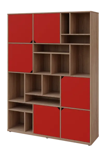 KU6-15DN L skříň vysoká 6-dvéřová, niky, 2053x1522x400 mm, provedení levé, dub bardolino/červená