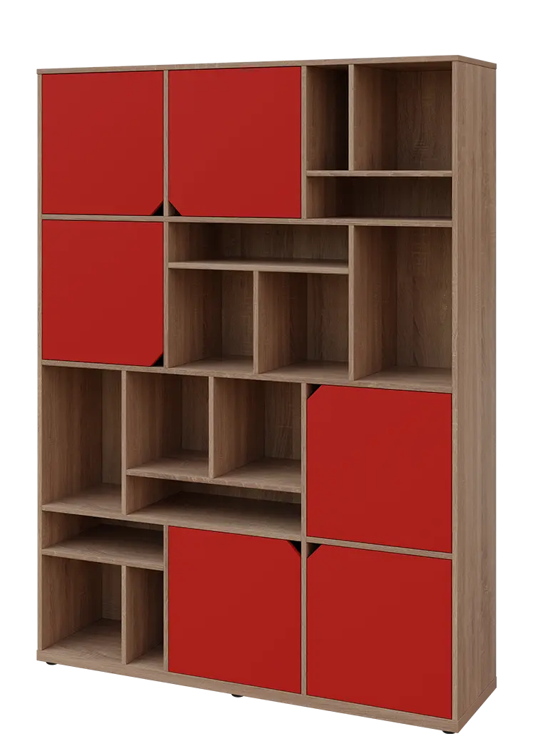 KU6-15DN L skříň vysoká 6-dvéřová, niky, 2053x1522x400 mm, provedení levé, dub bardolino/červená