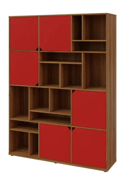 KU6-15DN L skříň vysoká 6-dvéřová, niky, 2053x1522x400 mm, provedení levé, ořech světlý/červená