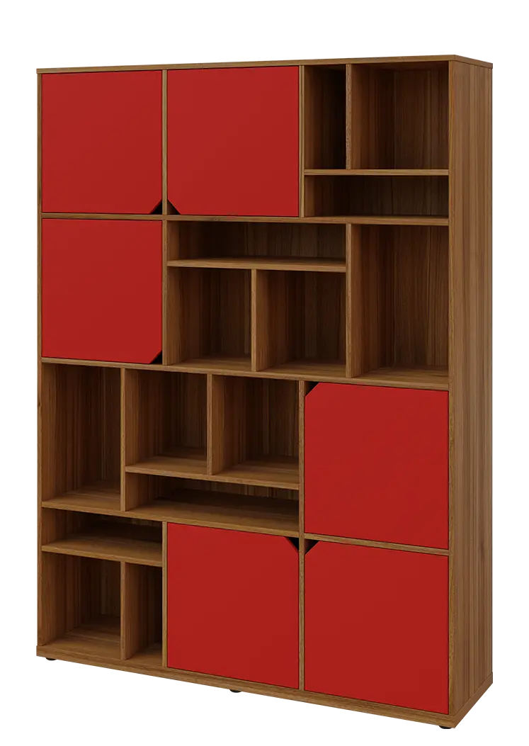 KU6-15DN L skříň vysoká 6-dvéřová, niky, 2053x1522x400 mm, provedení levé, ořech světlý/červená