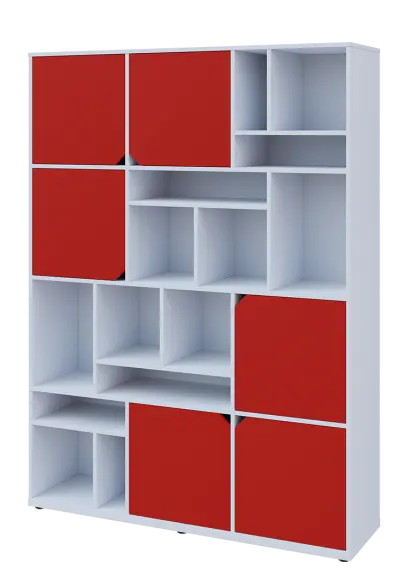 KU6-15DN L skříň vysoká 6-dvéřová, niky, 2053x1522x400 mm, provedení levé, bílá sněžná/červená