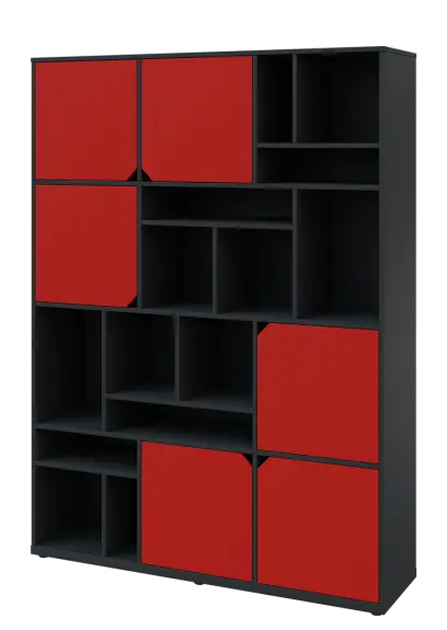 KU6-15DN L skříň vysoká 6-dvéřová, niky, 2053x1522x400 mm, provedení levé, antracit/červená