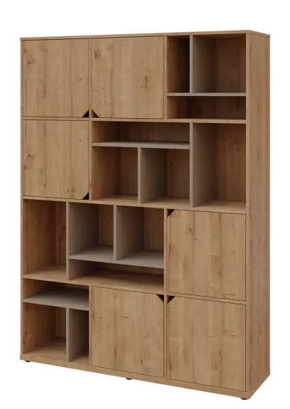 KU6-15DN L skříň vysoká 6-dvéřová, niky, 2053x1522x400 mm, provedení levé, korpus a dvířka dub lite/police latte