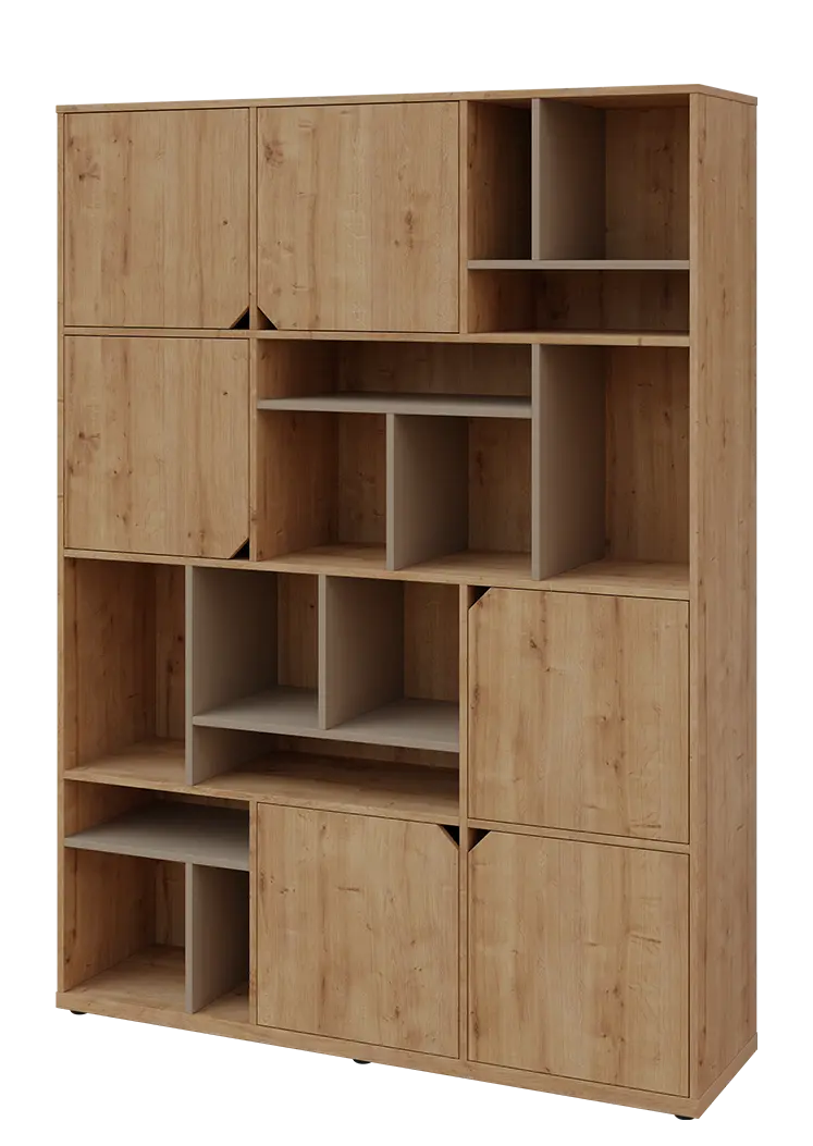 KU6-15DN L skříň vysoká 6-dvéřová, niky, 2053x1522x400 mm, provedení levé, korpus a dvířka dub lite/police latte