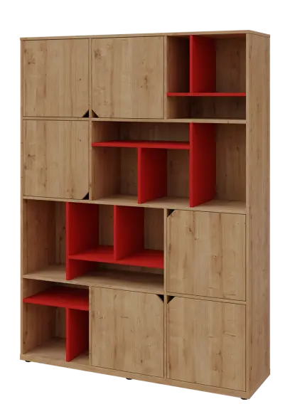 KU6-15DN L skříň vysoká 6-dvéřová, niky, 2053x1522x400 mm, provedení levé, korpus a dvířka dub lite/police červená