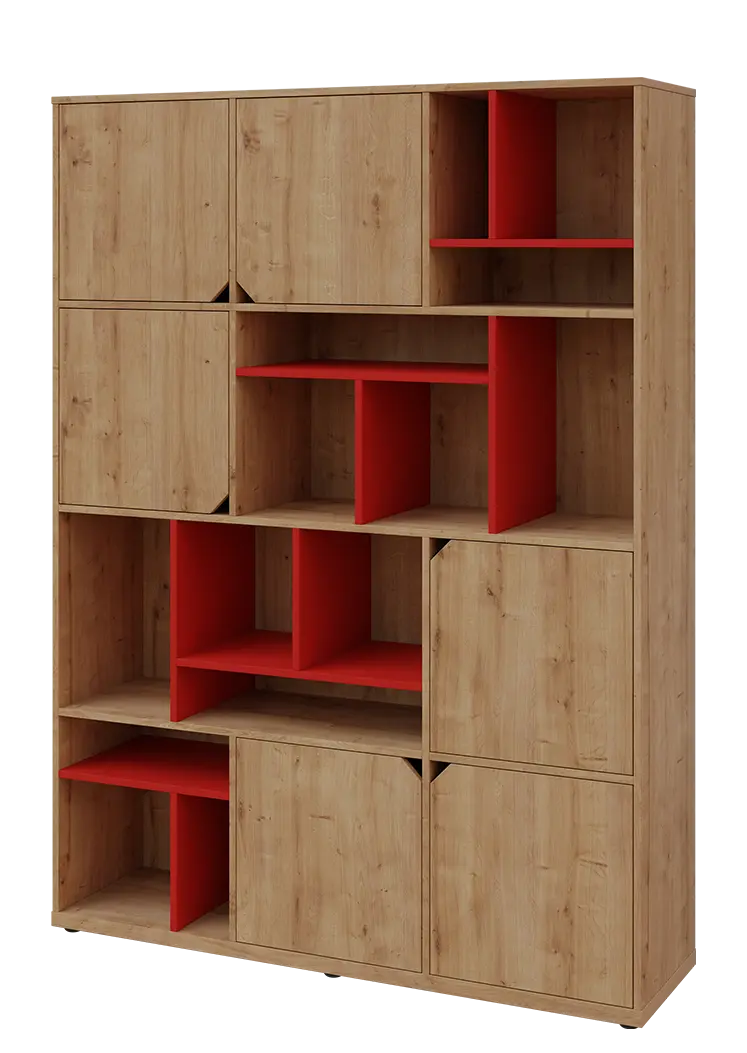 KU6-15DN L skříň vysoká 6-dvéřová, niky, 2053x1522x400 mm, provedení levé, korpus a dvířka dub lite/police červená