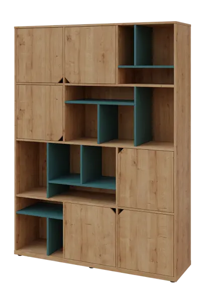 KU6-15DN L skříň vysoká 6-dvéřová, niky, 2053x1522x400 mm, provedení levé, korpus a dvířka dub lite/police světle petrolejová