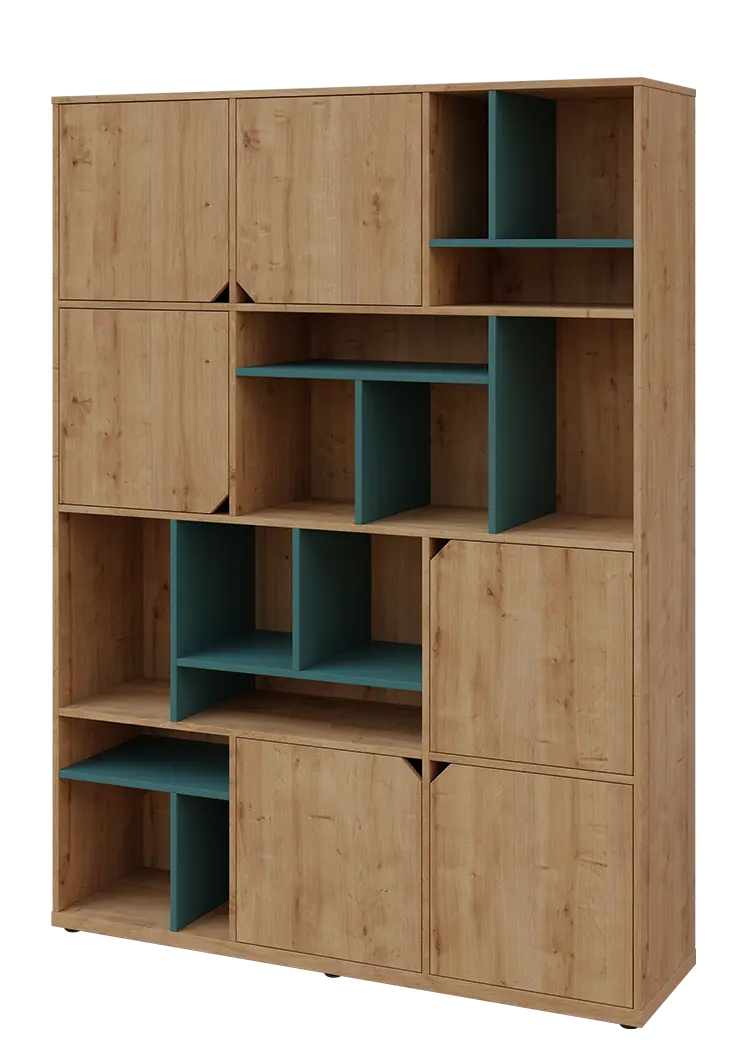 KU6-15DN L skříň vysoká 6-dvéřová, niky, 2053x1522x400 mm, provedení levé, korpus a dvířka dub lite/police světle petrolejová