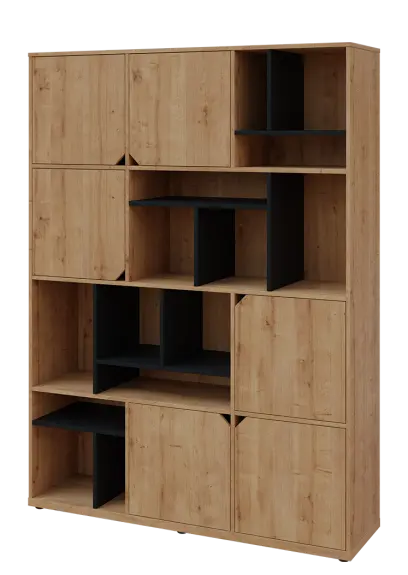 KU6-15DN L skříň vysoká 6-dvéřová, niky, 2053x1522x400 mm, provedení levé, korpus a dvířka dub lite/police černá